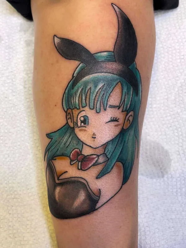 Traditional style anime bunny girl tattoo with turquoise hair and bunny ears